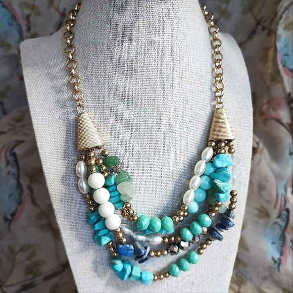 Turquoise Color Faux Pearl Beaded Sodalite Stone Multi Strand Gold Tone Necklace - Picture 2 of 12